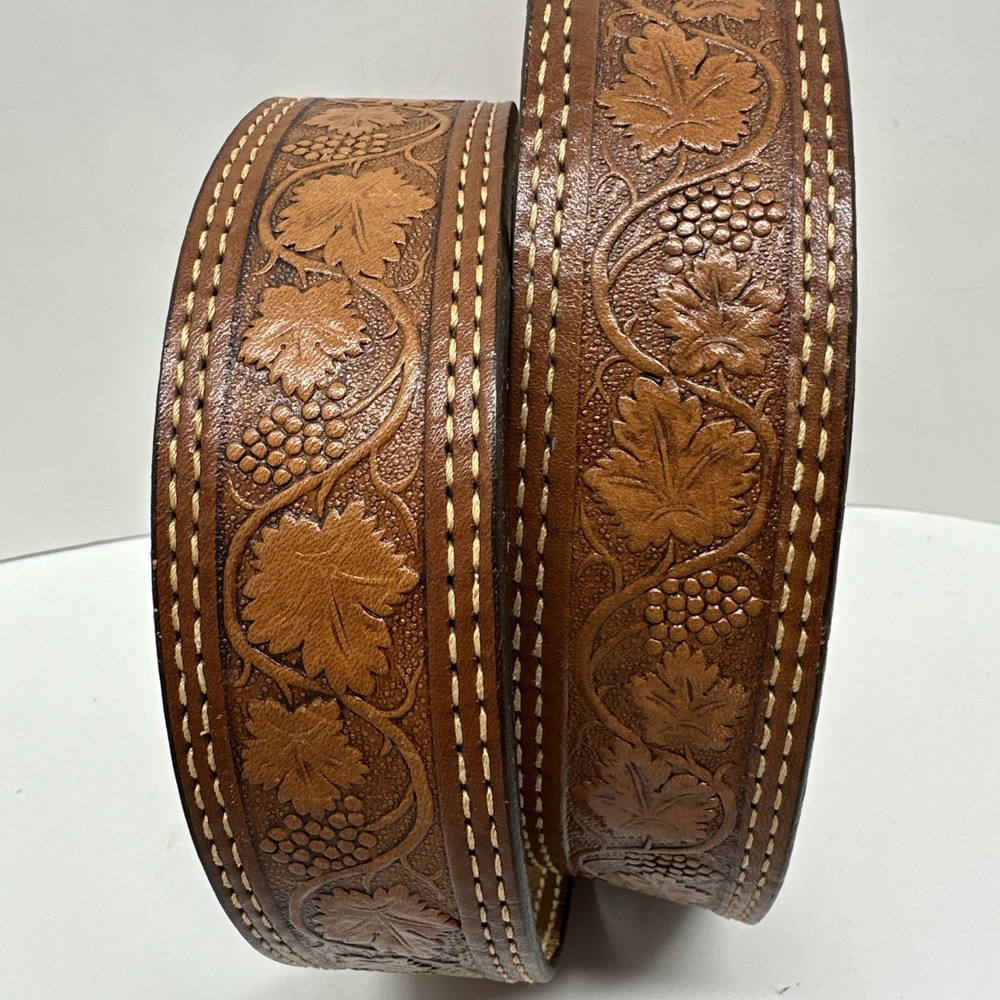 Vintage Tex Tan Tooled Leather Belt Strap Grapevine Leaves Cowhide TexTan 42